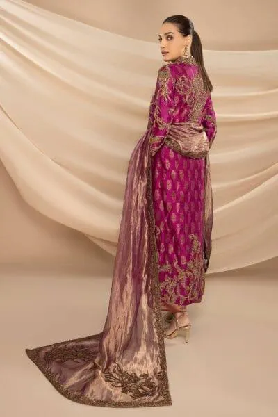 Nilofer Shahid - Magenta Embellished Tissue Organza Shirt with Khimkhaab Pants & Tissue Dupatta - 3 Piece