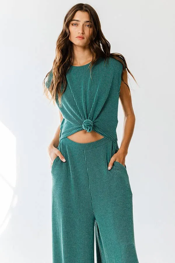 Open Front Wide Leg Textured Jumpsuit in HUNTER GREEN