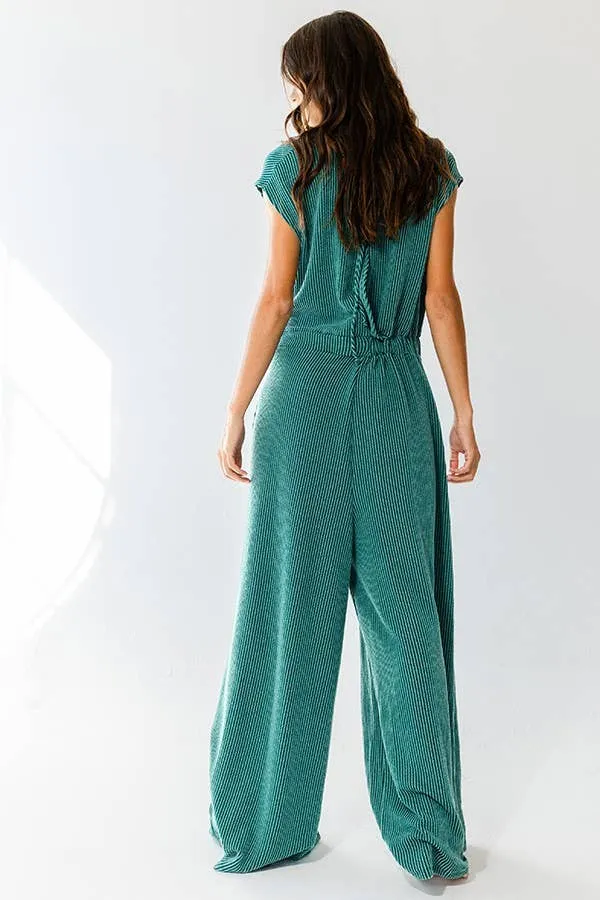 Open Front Wide Leg Textured Jumpsuit in HUNTER GREEN