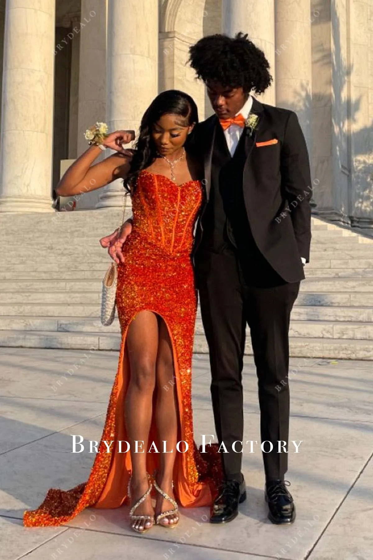 Orange Sequined Strapless Sweetheart Neck Slit Prom Dress