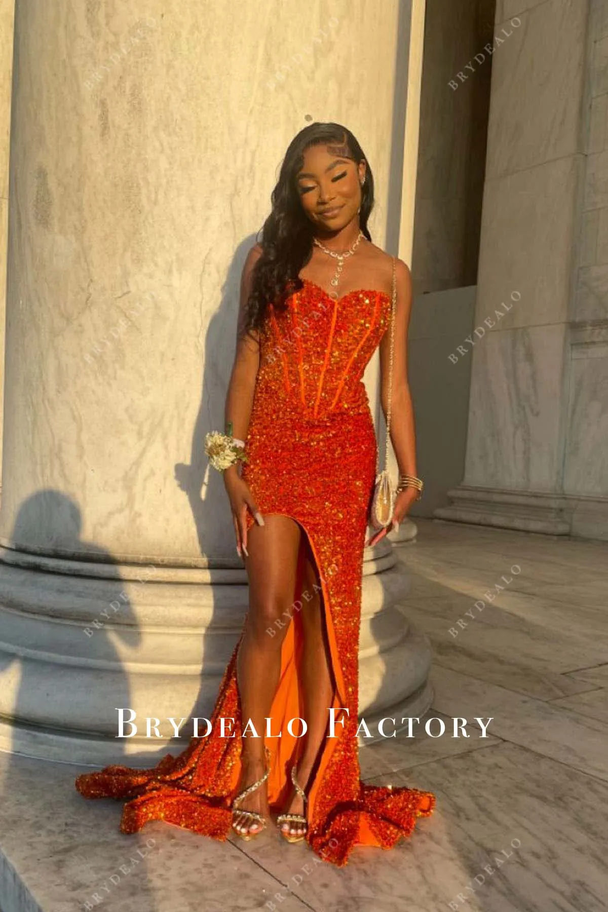 Orange Sequined Strapless Sweetheart Neck Slit Prom Dress