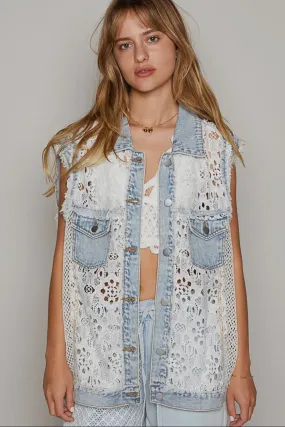 Oversized crochet lace denim vest