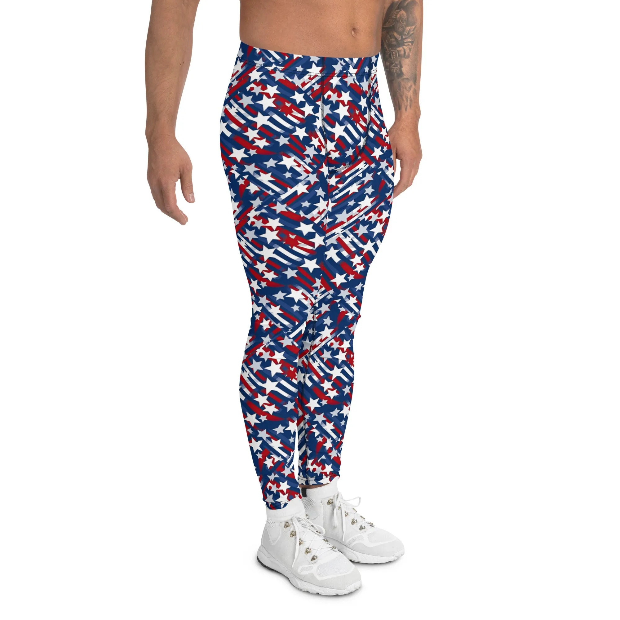 Patriotic Star-Spangled Men's Leggings - Stars, Red, White, Blue, Athletic Fit, Comfortable, Fourth of July