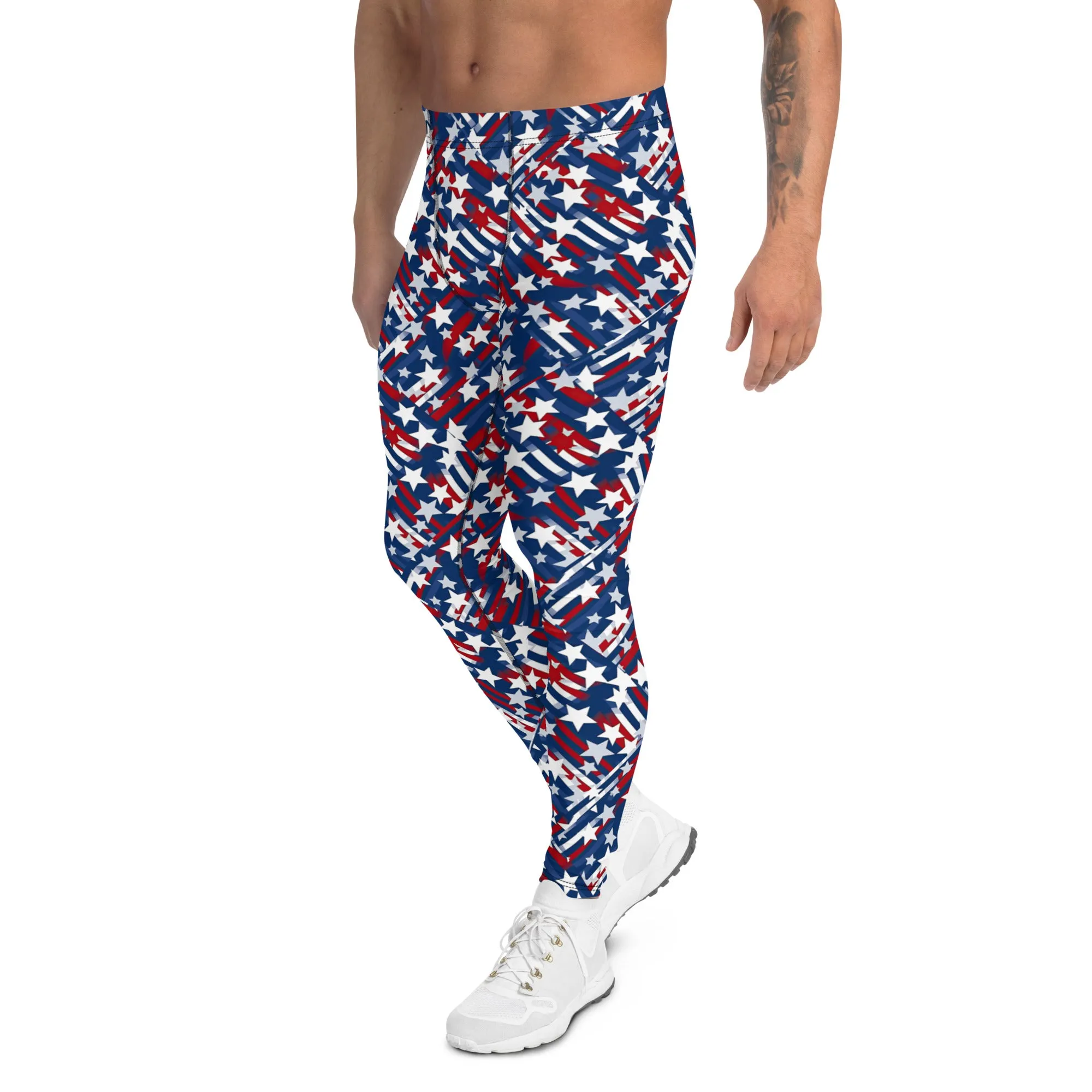 Patriotic Star-Spangled Men's Leggings - Stars, Red, White, Blue, Athletic Fit, Comfortable, Fourth of July