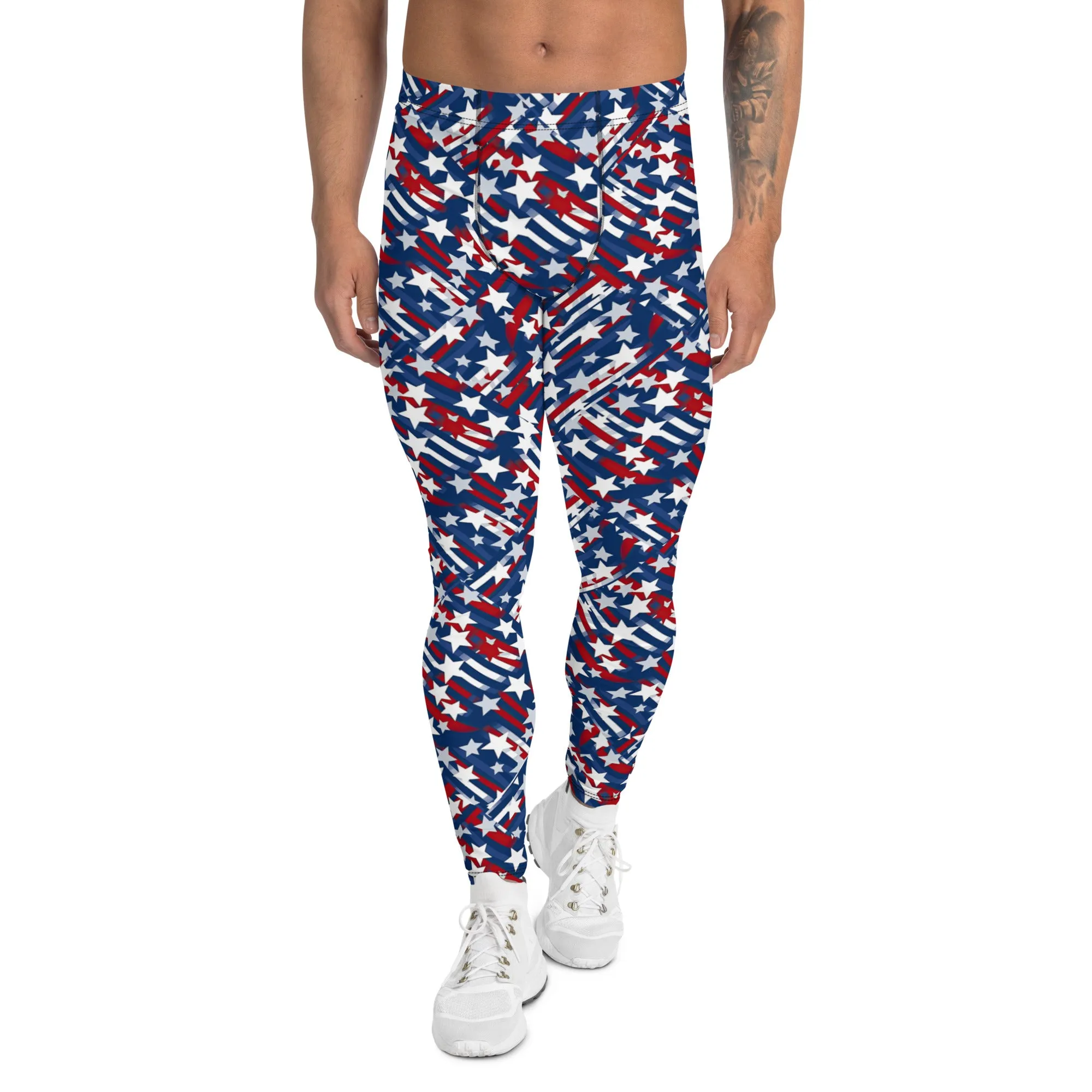 Patriotic Star-Spangled Men's Leggings - Stars, Red, White, Blue, Athletic Fit, Comfortable, Fourth of July