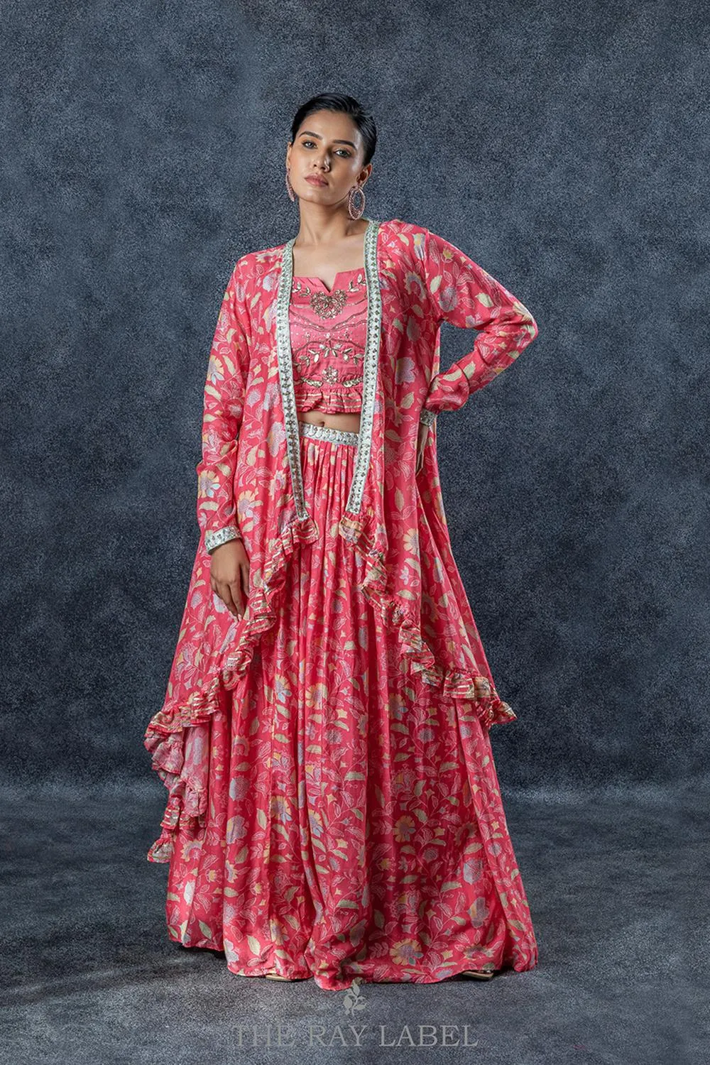 Pink Floral Lehenga And Jacket Set