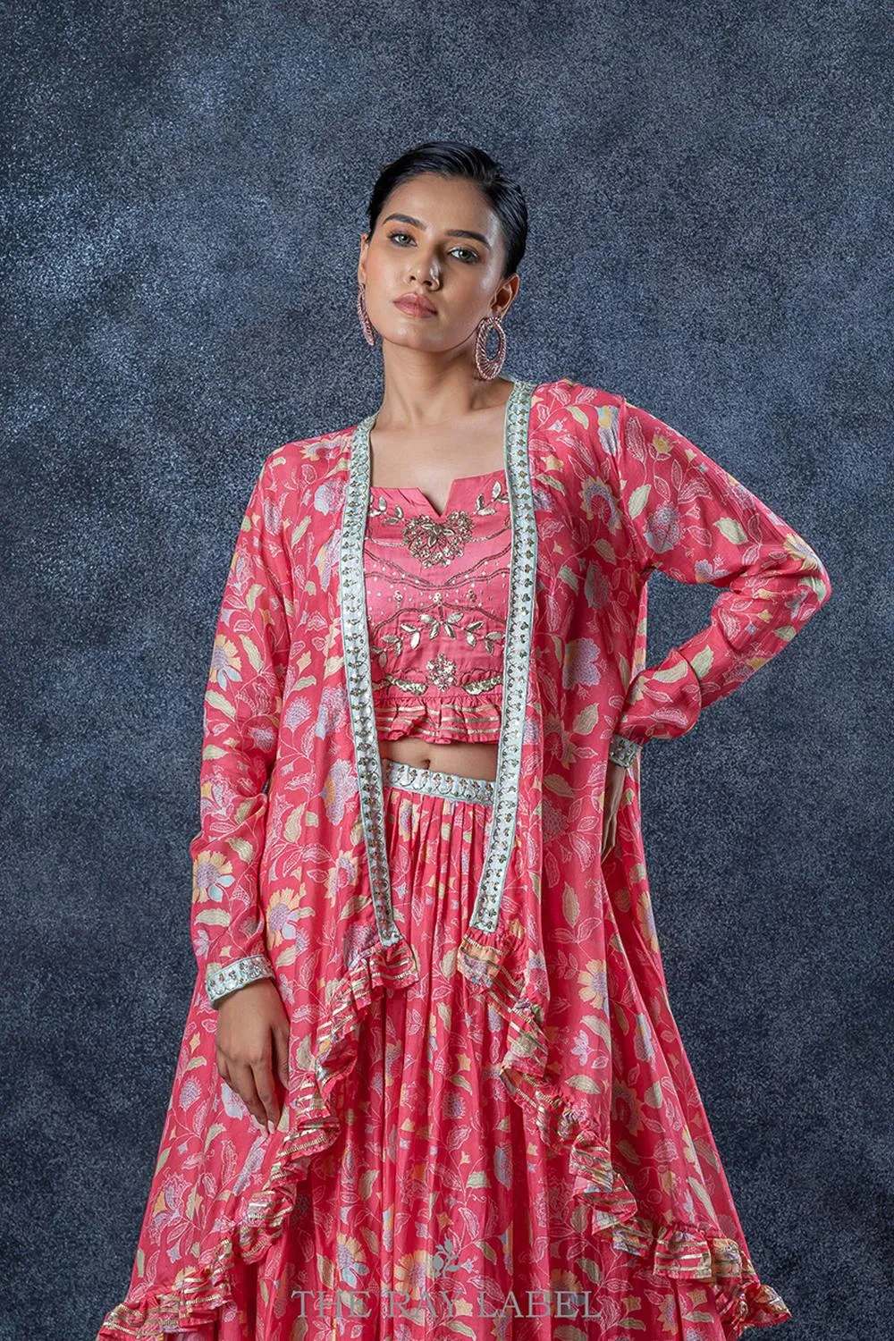 Pink Floral Lehenga And Jacket Set