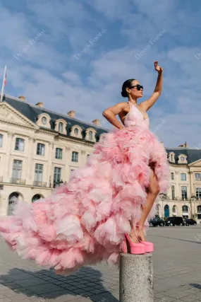 Pink Tulle Custom-made Ruffled High-Low Lace Halter Plunging Prom Dress