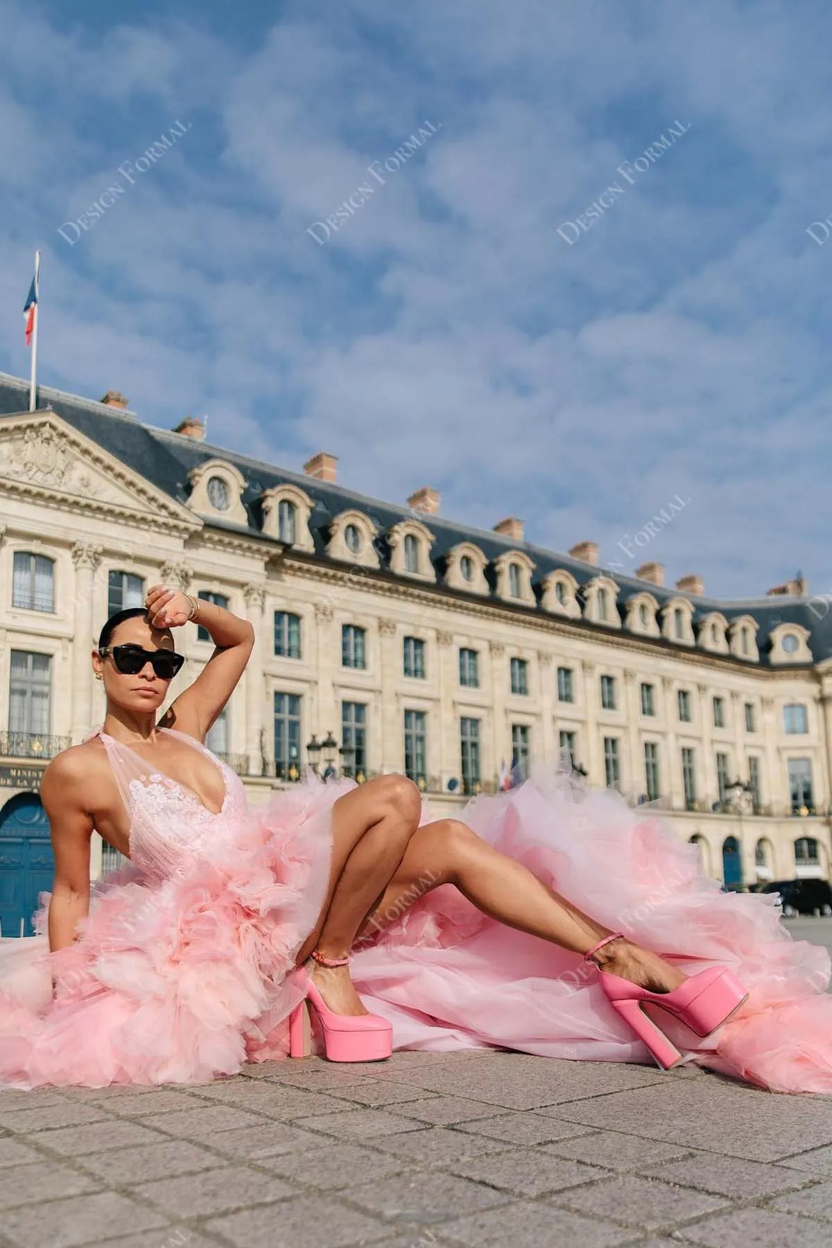 Pink Tulle Custom-made Ruffled High-Low Lace Halter Plunging Prom Dress