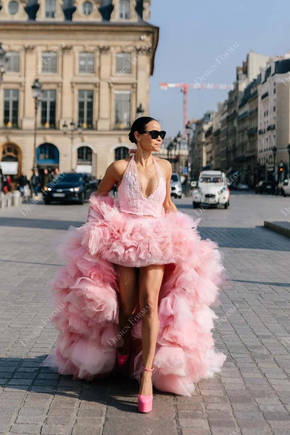 Pink Tulle Custom-made Ruffled High-Low Lace Halter Plunging Prom Dress