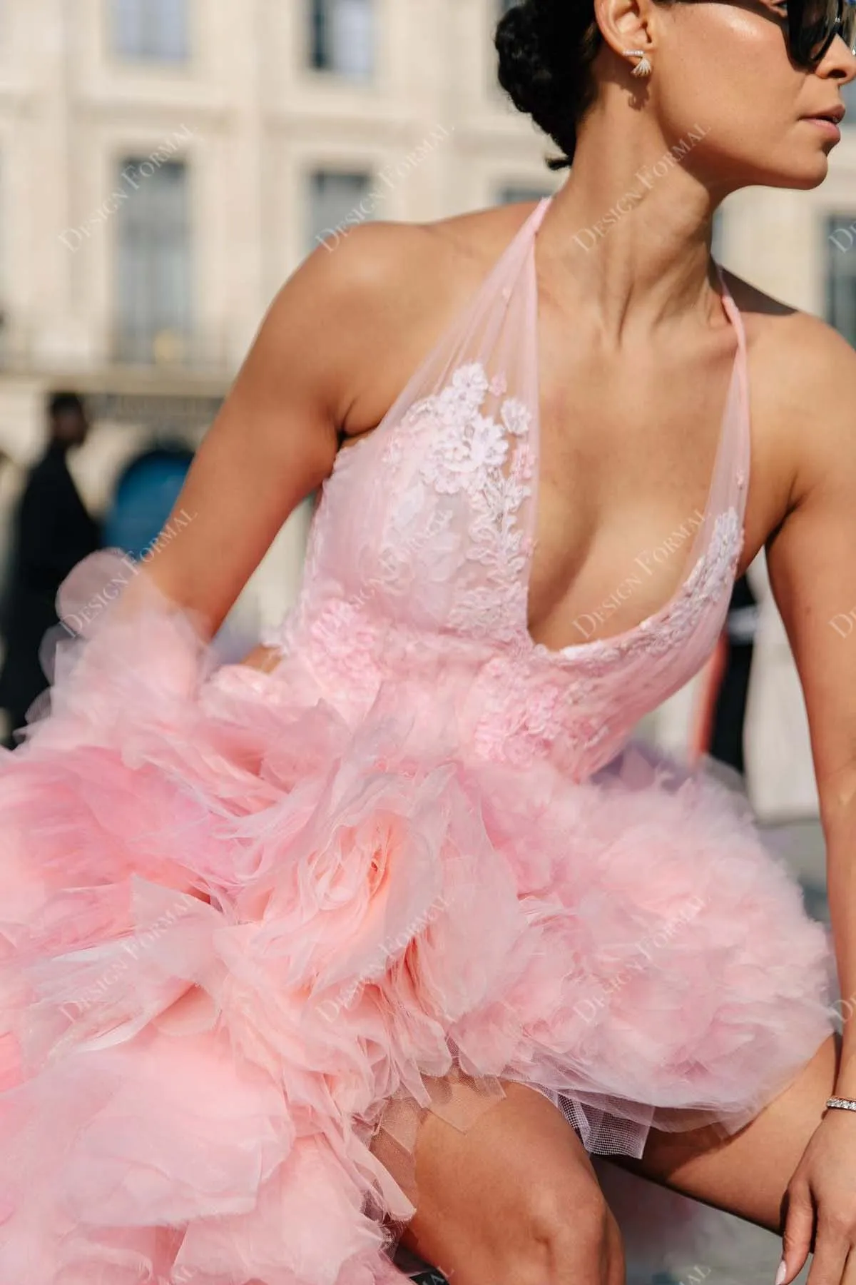 Pink Tulle Custom-made Ruffled High-Low Lace Halter Plunging Prom Dress