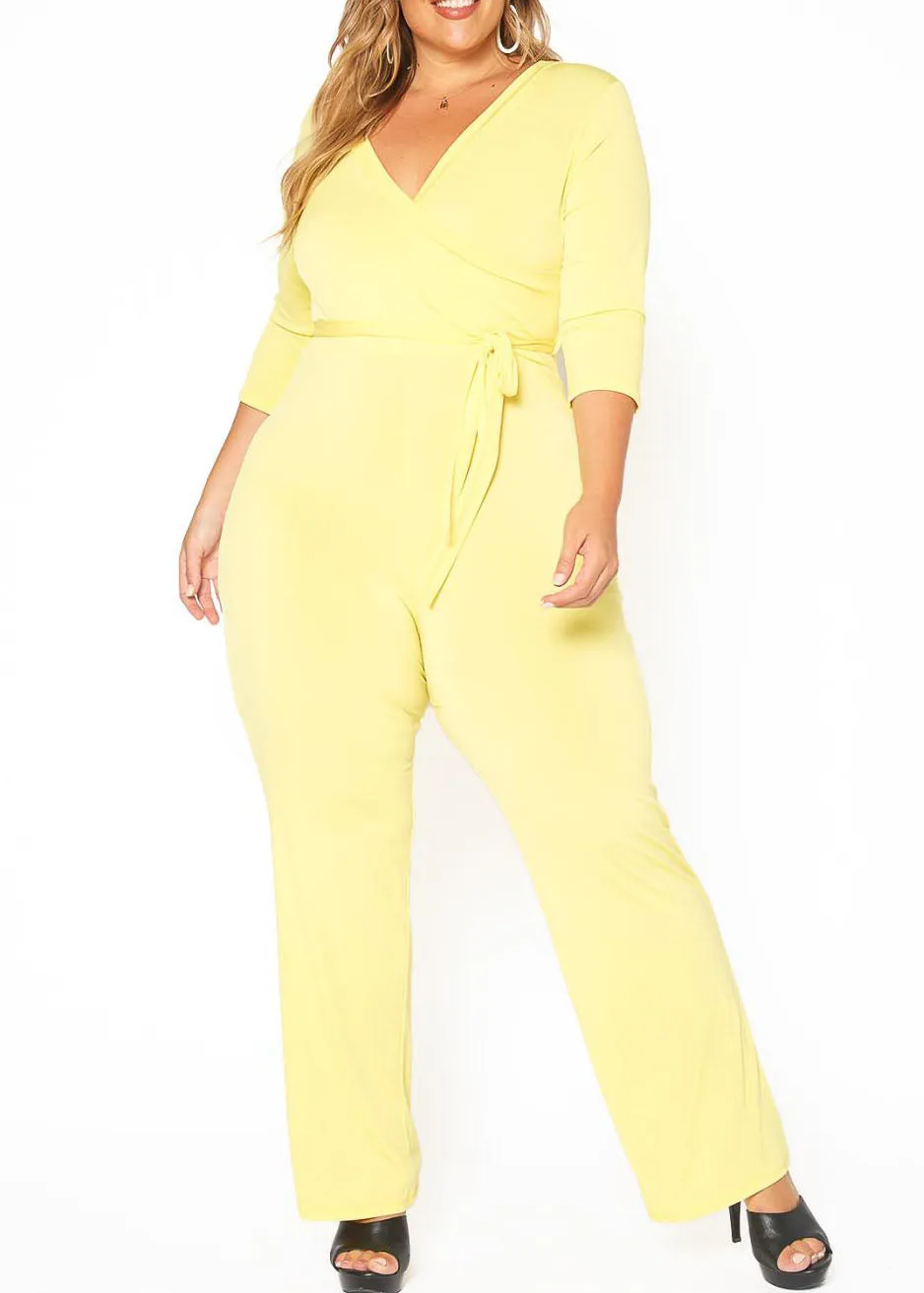 Plus Size 3/4 Sleeves Fancy knit Waist tie Jumpsuit