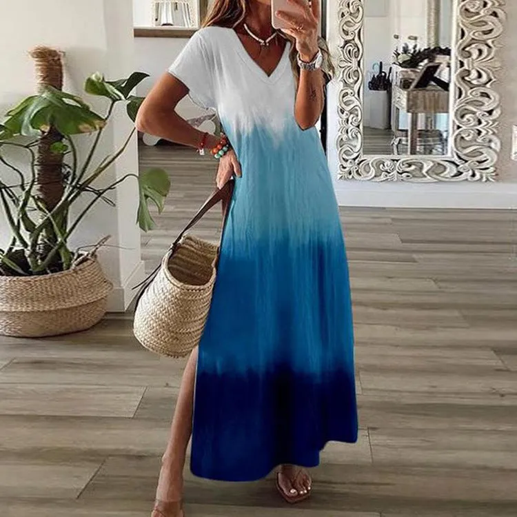 Plus Size Casual Ombre V neck Short Sleeve Knit Dress