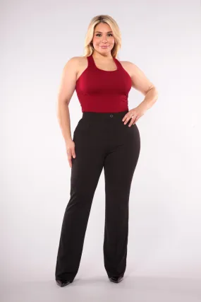 Plus Size High Waist Flare Pants With Front Pleating & Button Waist Detail - Black