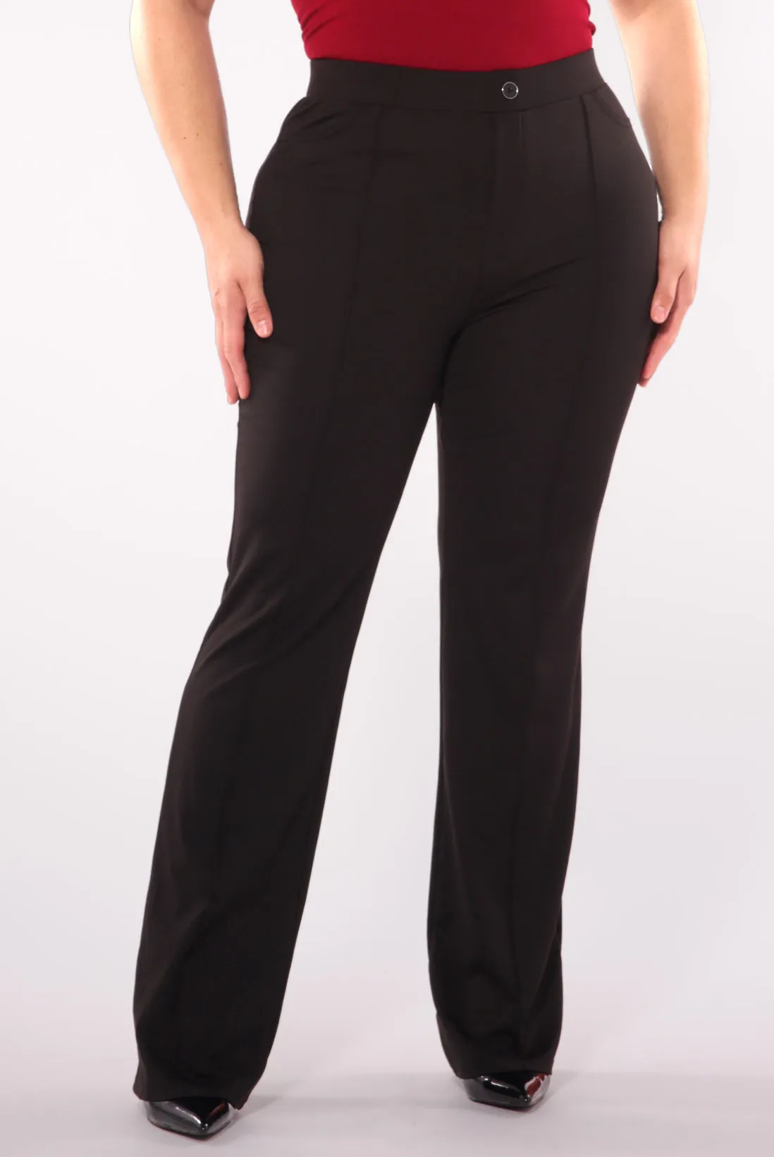 Plus Size High Waist Flare Pants With Front Pleating & Button Waist Detail - Black