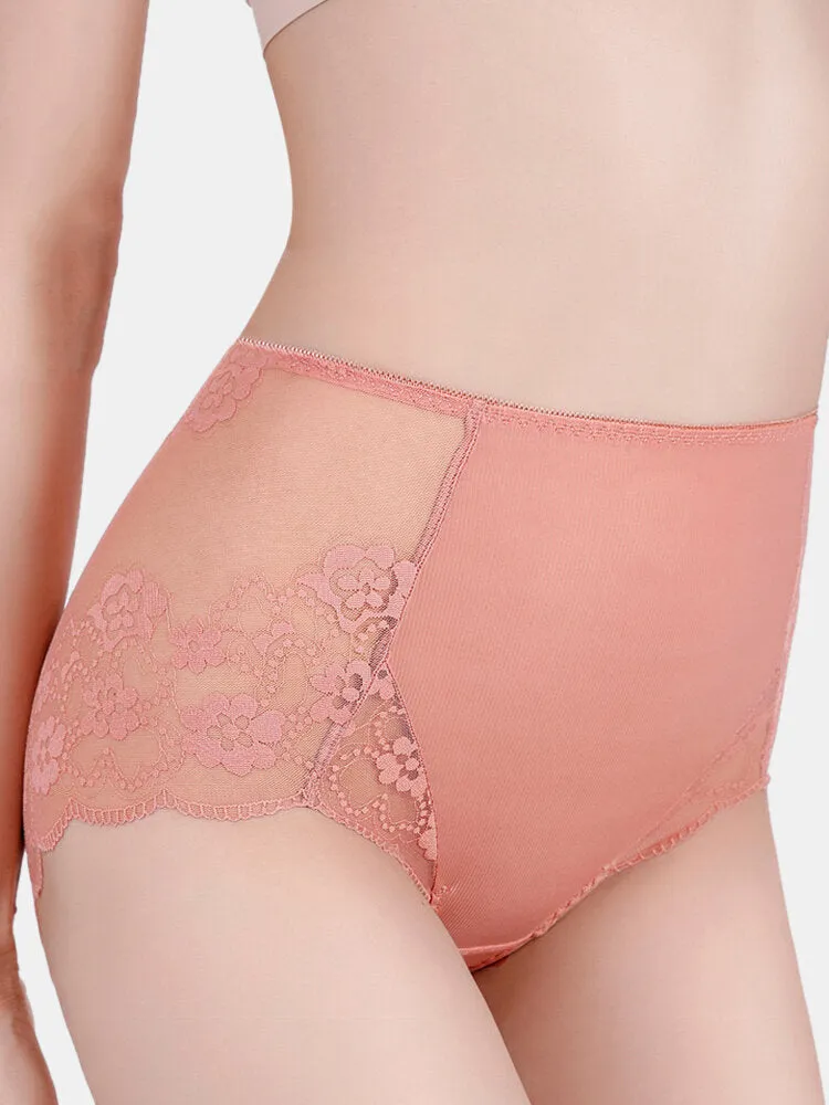 Plus Size Women Sheer Lace Floral Jacquard Breathable High Waist Panties