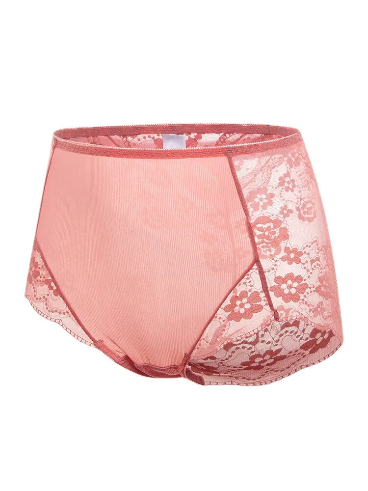 Plus Size Women Sheer Lace Floral Jacquard Breathable High Waist Panties