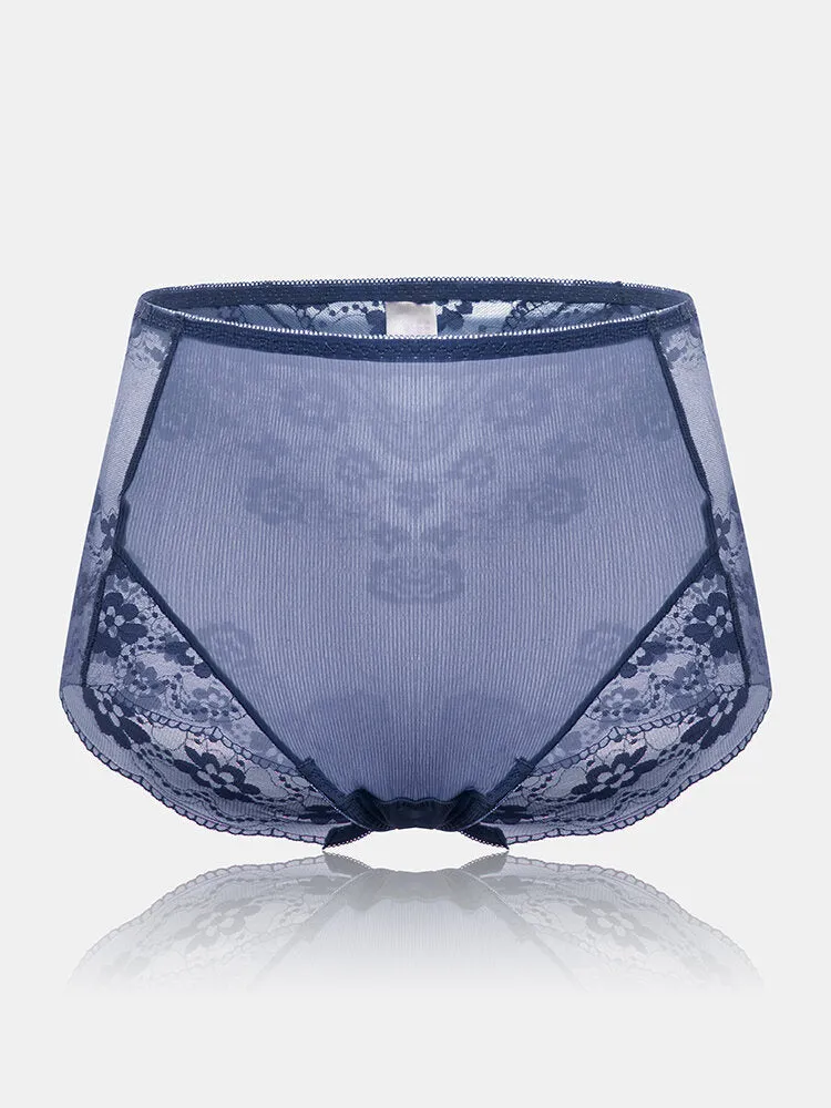 Plus Size Women Sheer Lace Floral Jacquard Breathable High Waist Panties