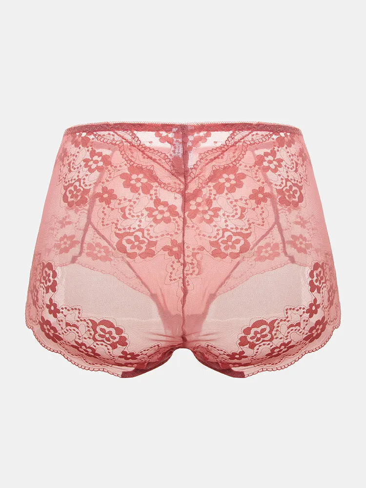 Plus Size Women Sheer Lace Floral Jacquard Breathable High Waist Panties