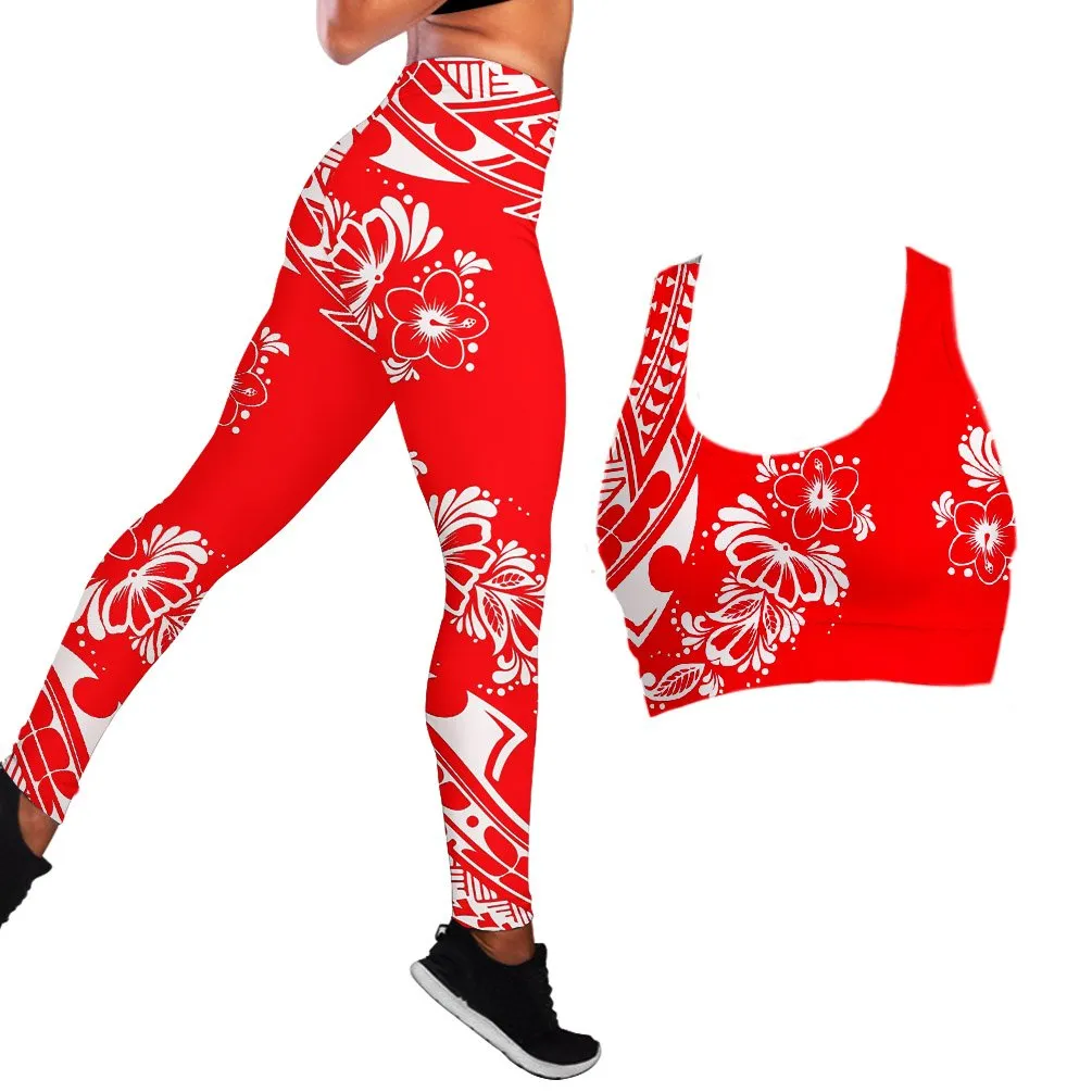 Polynesian Hibiscus Seamless Yoga Set Sports Bras Leggings 2 Piece Set Women Workout Clothes Workout Set for Gym Jogging Fitness