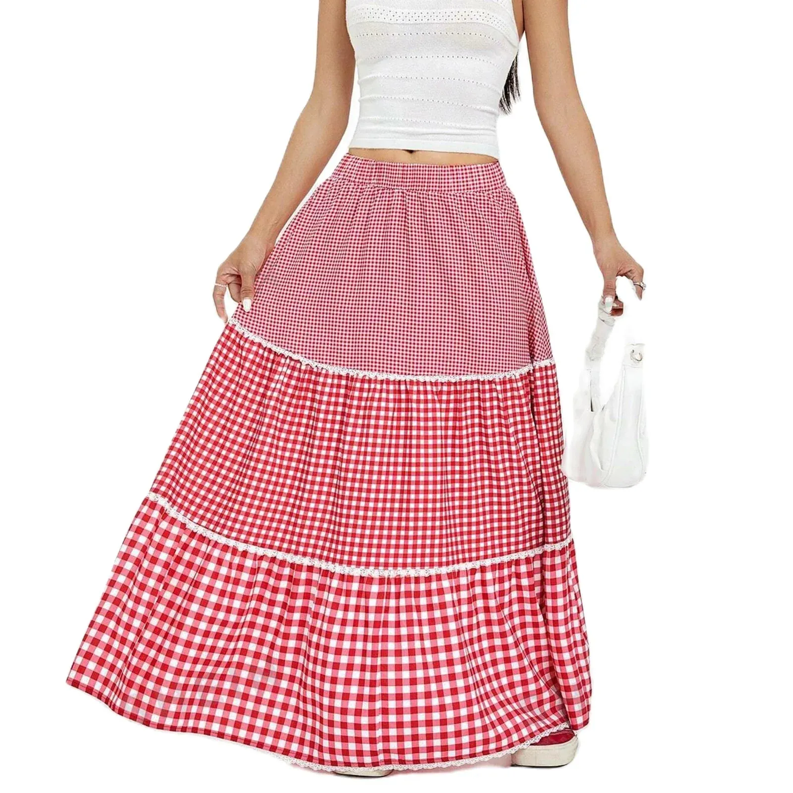 Print Long Red Ruffles Flared Elastic Waist High Waist Elegant Vintage Plaid Skirt