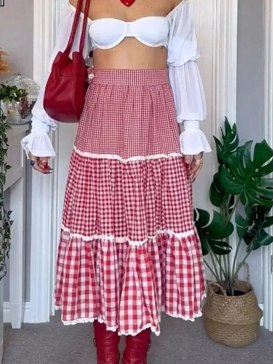 Print Long Red Ruffles Flared Elastic Waist High Waist Elegant Vintage Plaid Skirt