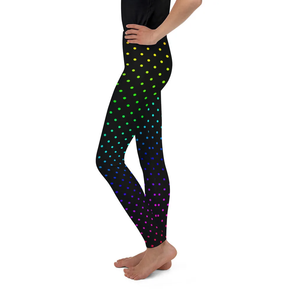 Rainbow Dots Youth Leggings, Black Polka Dots Cute Tights Workout Pants- Made in USA/EU