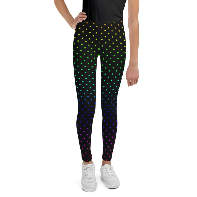 Rainbow Dots Youth Leggings, Black Polka Dots Cute Tights Workout Pants- Made in USA/EU