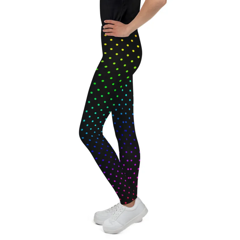 Rainbow Dots Youth Leggings, Black Polka Dots Cute Tights Workout Pants- Made in USA/EU