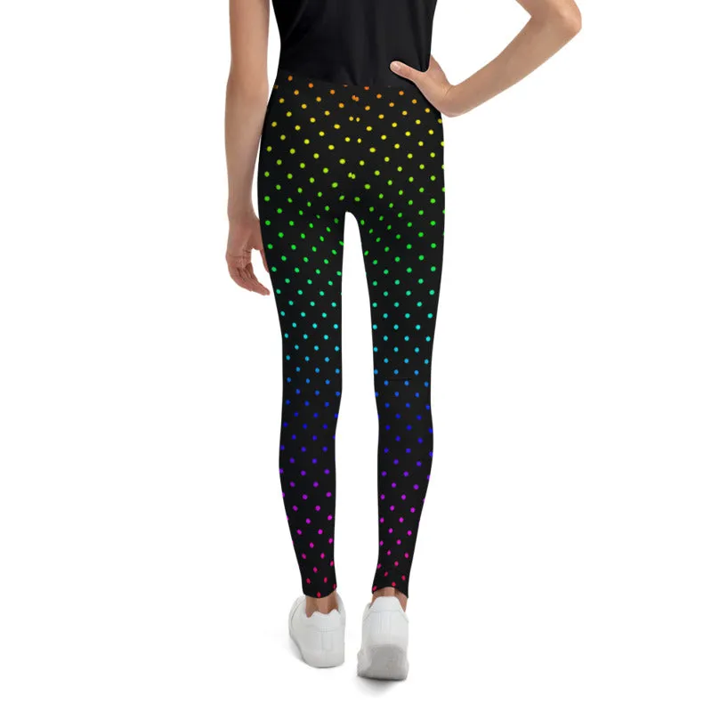 Rainbow Dots Youth Leggings, Black Polka Dots Cute Tights Workout Pants- Made in USA/EU