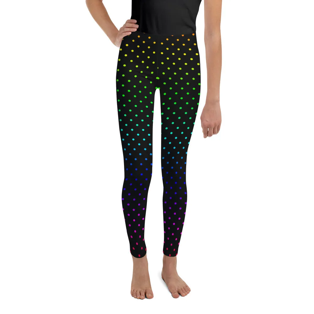 Rainbow Dots Youth Leggings, Black Polka Dots Cute Tights Workout Pants- Made in USA/EU