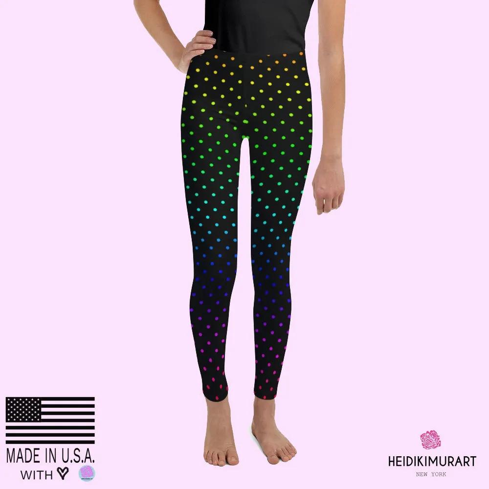 Rainbow Dots Youth Leggings, Black Polka Dots Cute Tights Workout Pants- Made in USA/EU