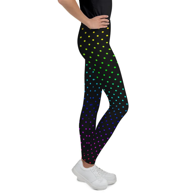 Rainbow Dots Youth Leggings, Black Polka Dots Cute Tights Workout Pants- Made in USA/EU