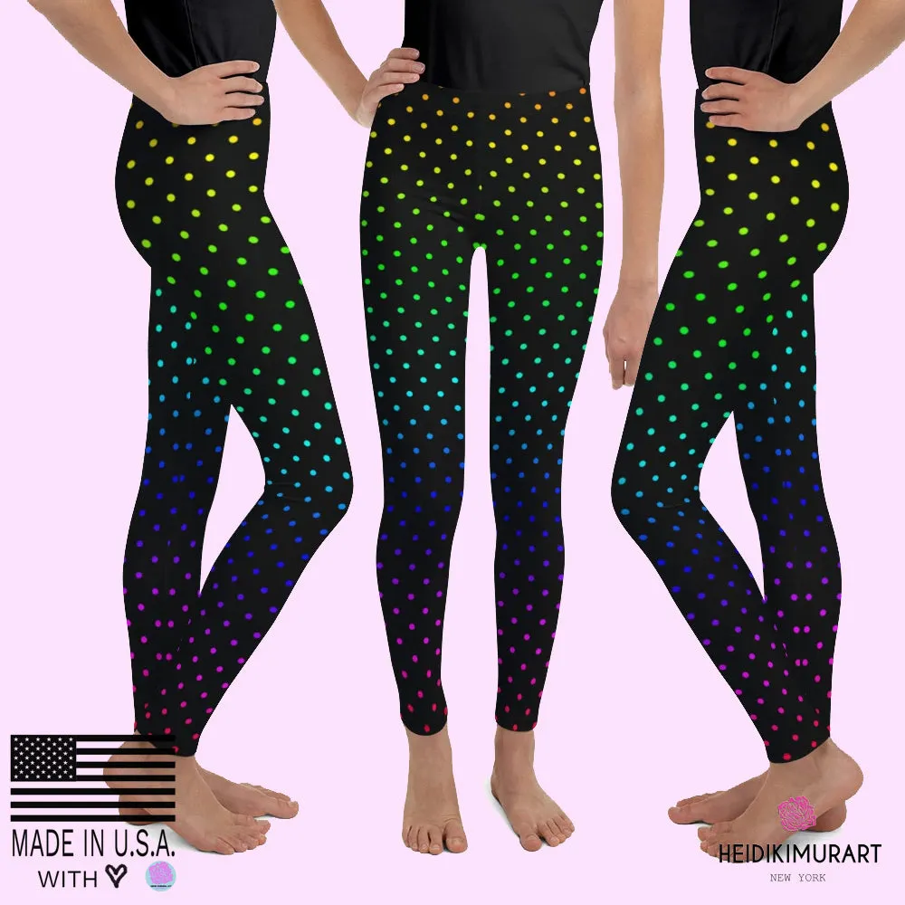 Rainbow Dots Youth Leggings, Black Polka Dots Cute Tights Workout Pants- Made in USA/EU