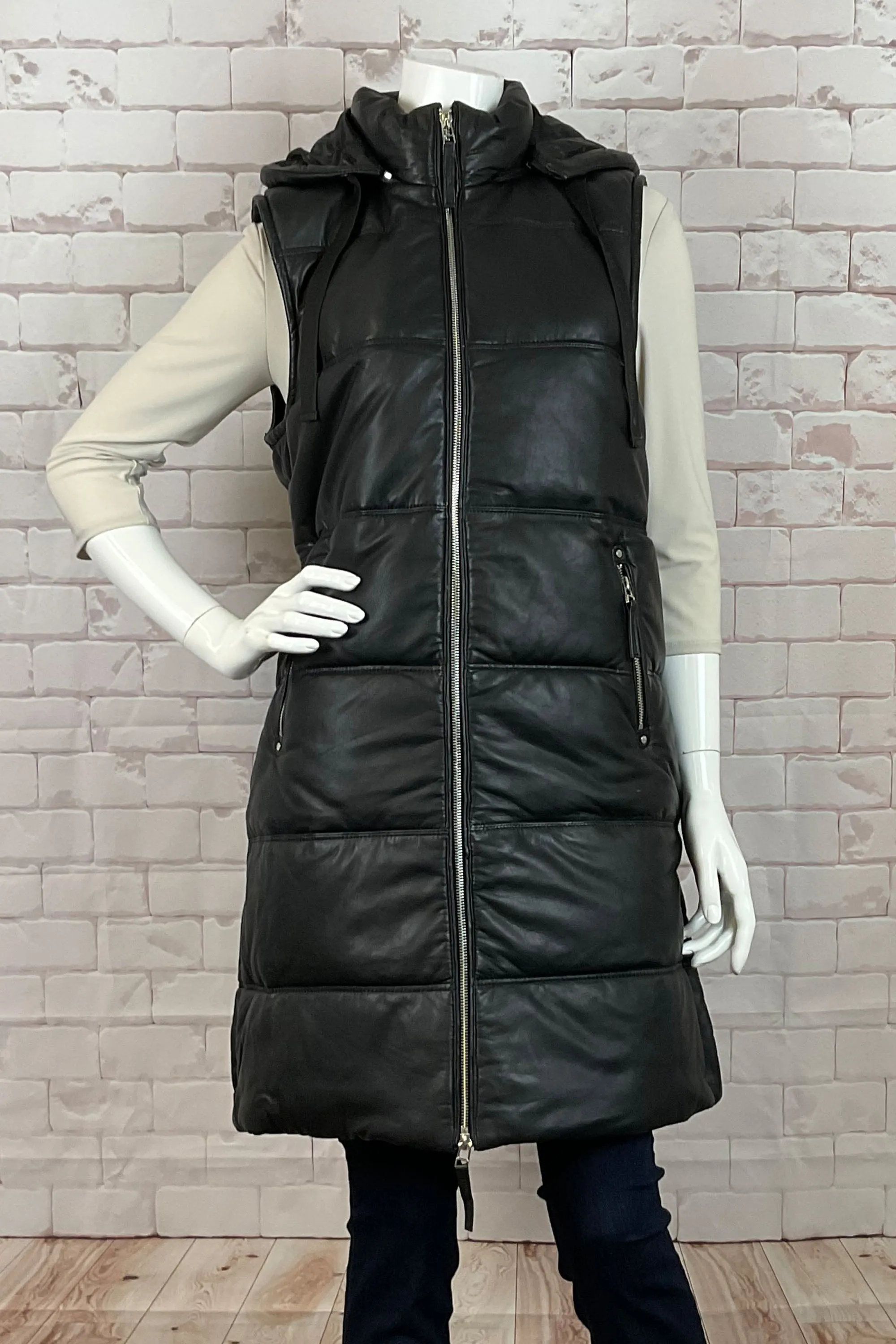 REAL LEATHER PUFFY HOODIE VEST