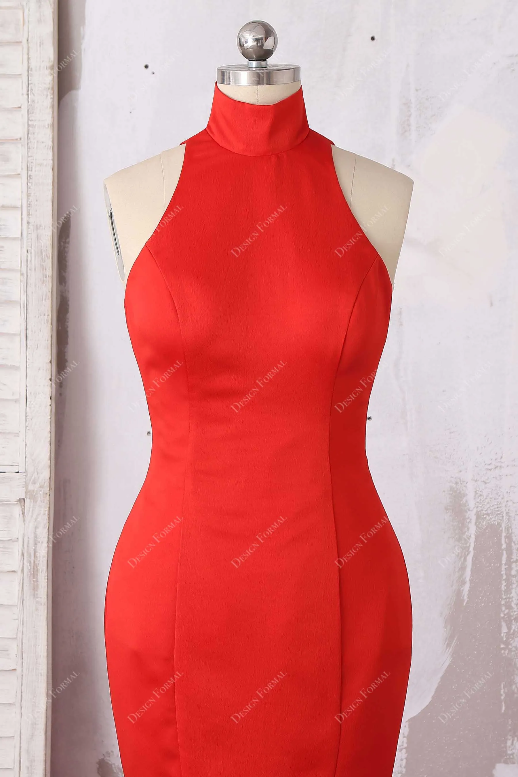 Red Satin Sleeveless High Neck Slit Simple Mermaid Long Dress