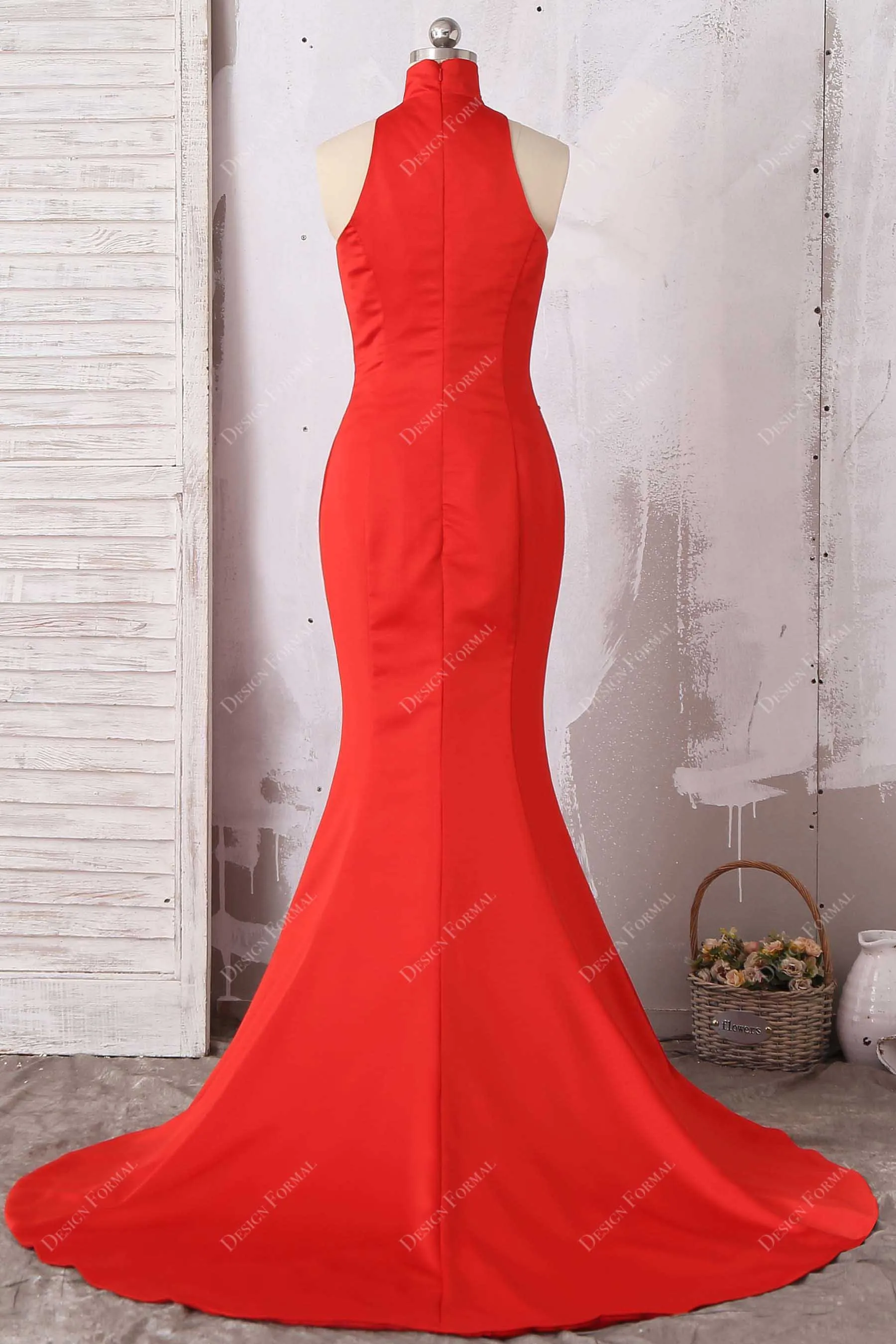 Red Satin Sleeveless High Neck Slit Simple Mermaid Long Dress