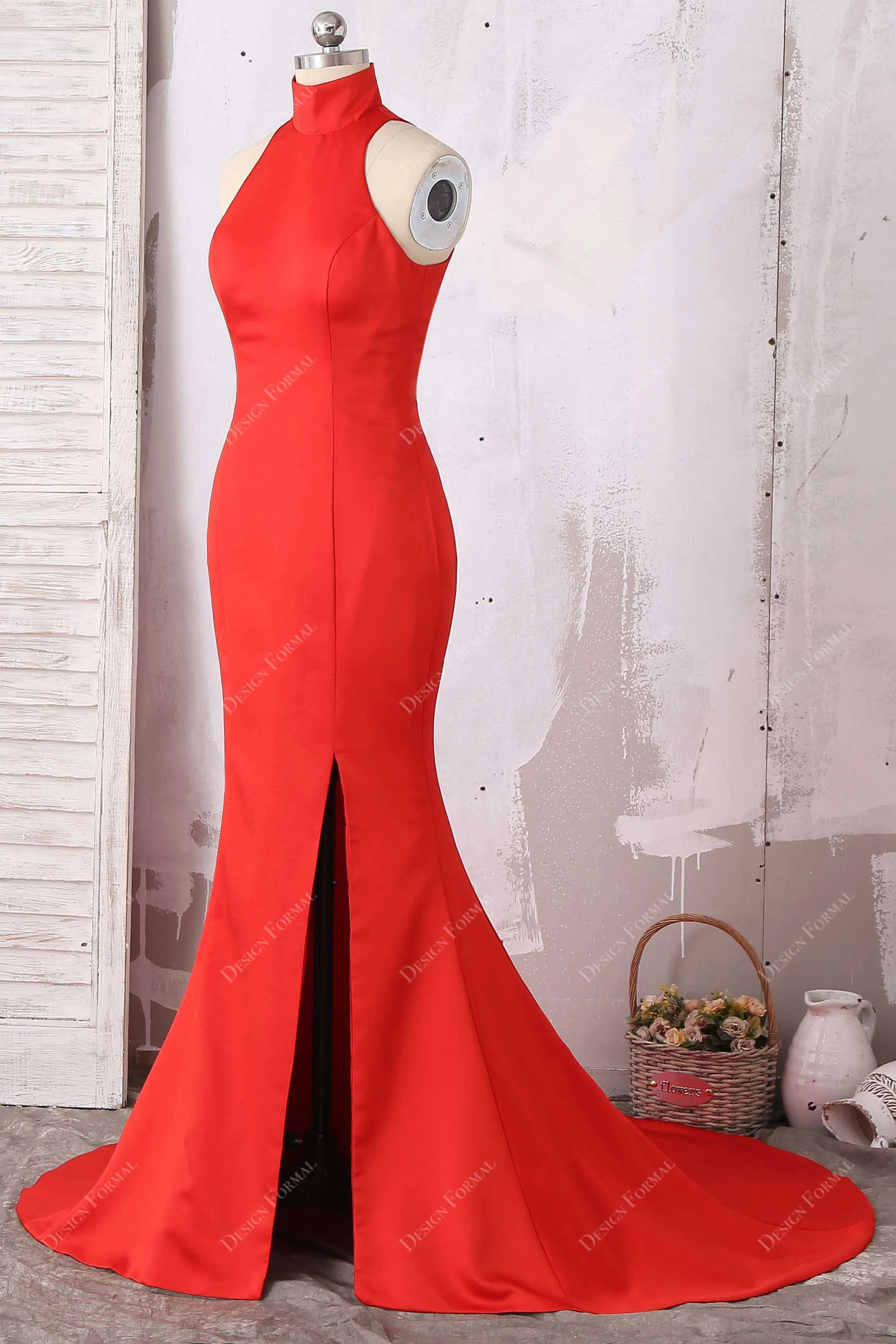 Red Satin Sleeveless High Neck Slit Simple Mermaid Long Dress