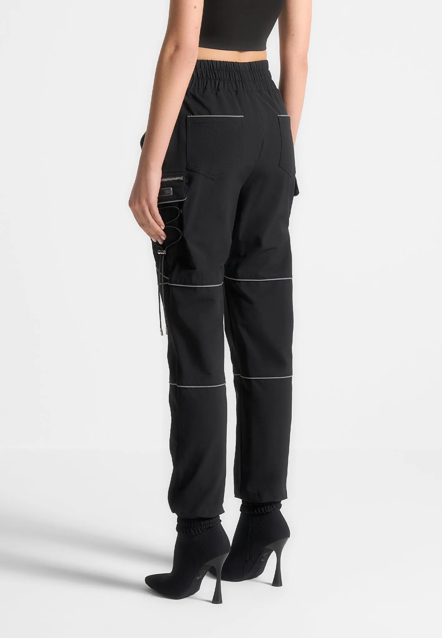 Reflective Piped Cargo Pants - Black