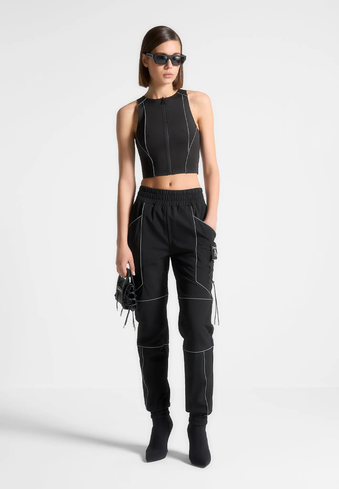 Reflective Piped Cargo Pants - Black