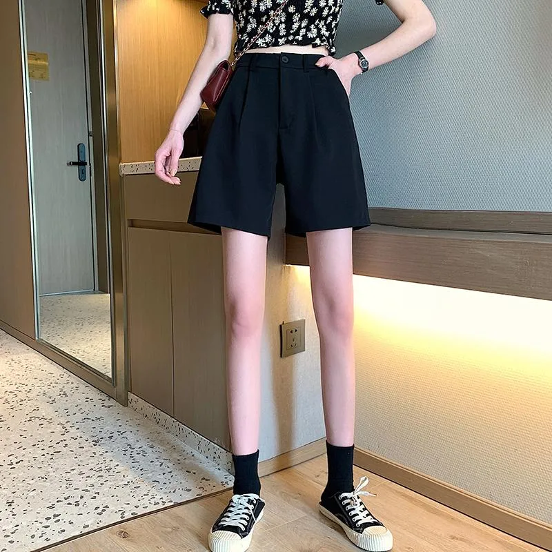 Retro Casual Elegant Suit High Waist Loose Black Shorts