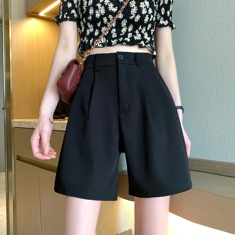 Retro Casual Elegant Suit High Waist Loose Black Shorts