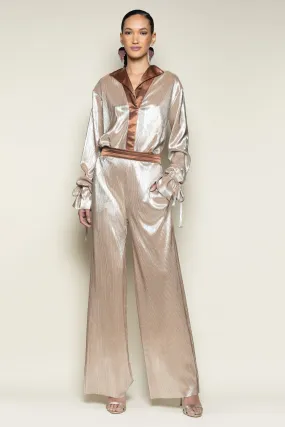 Rose Gold Pleated Wide Leg Tuxedo Pant