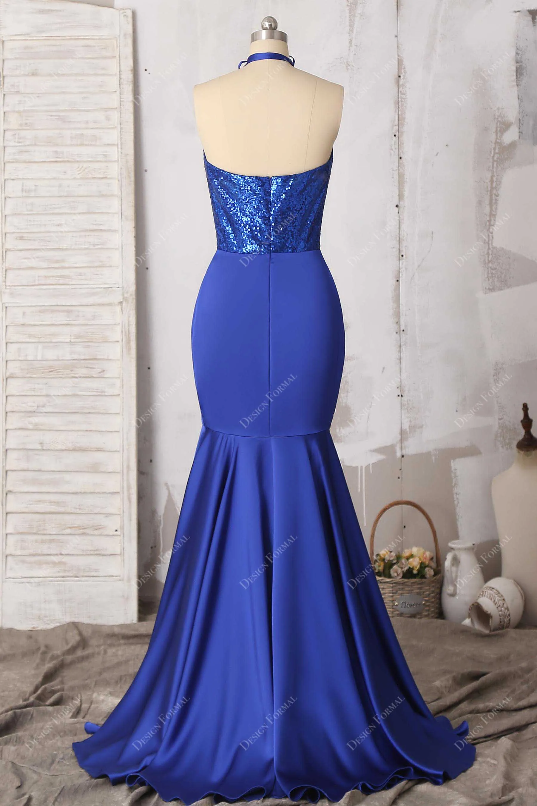 Royal Blue Sequin Satin Halter Cowl Neck Modern Unique Mermaid Dress