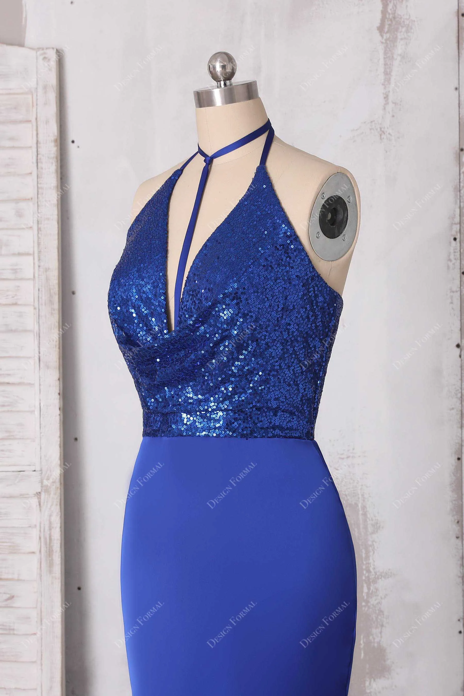 Royal Blue Sequin Satin Halter Cowl Neck Modern Unique Mermaid Dress