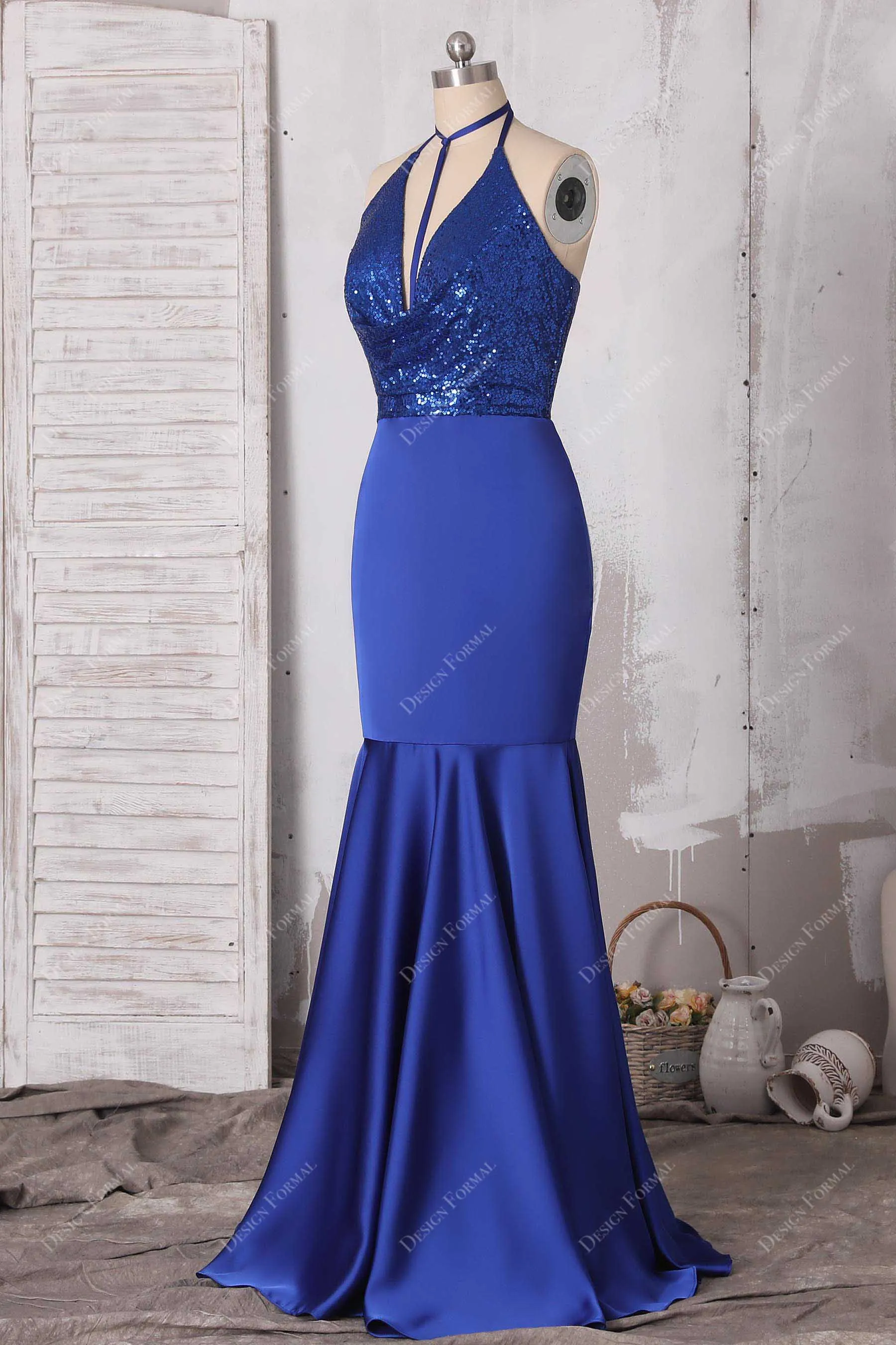 Royal Blue Sequin Satin Halter Cowl Neck Modern Unique Mermaid Dress