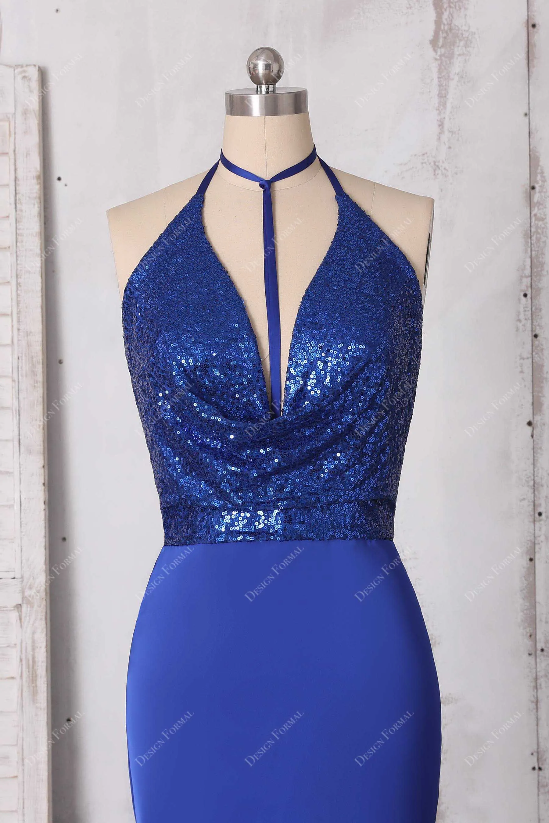 Royal Blue Sequin Satin Halter Cowl Neck Modern Unique Mermaid Dress