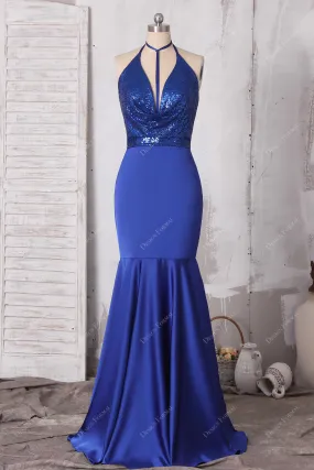 Royal Blue Sequin Satin Halter Cowl Neck Modern Unique Mermaid Dress