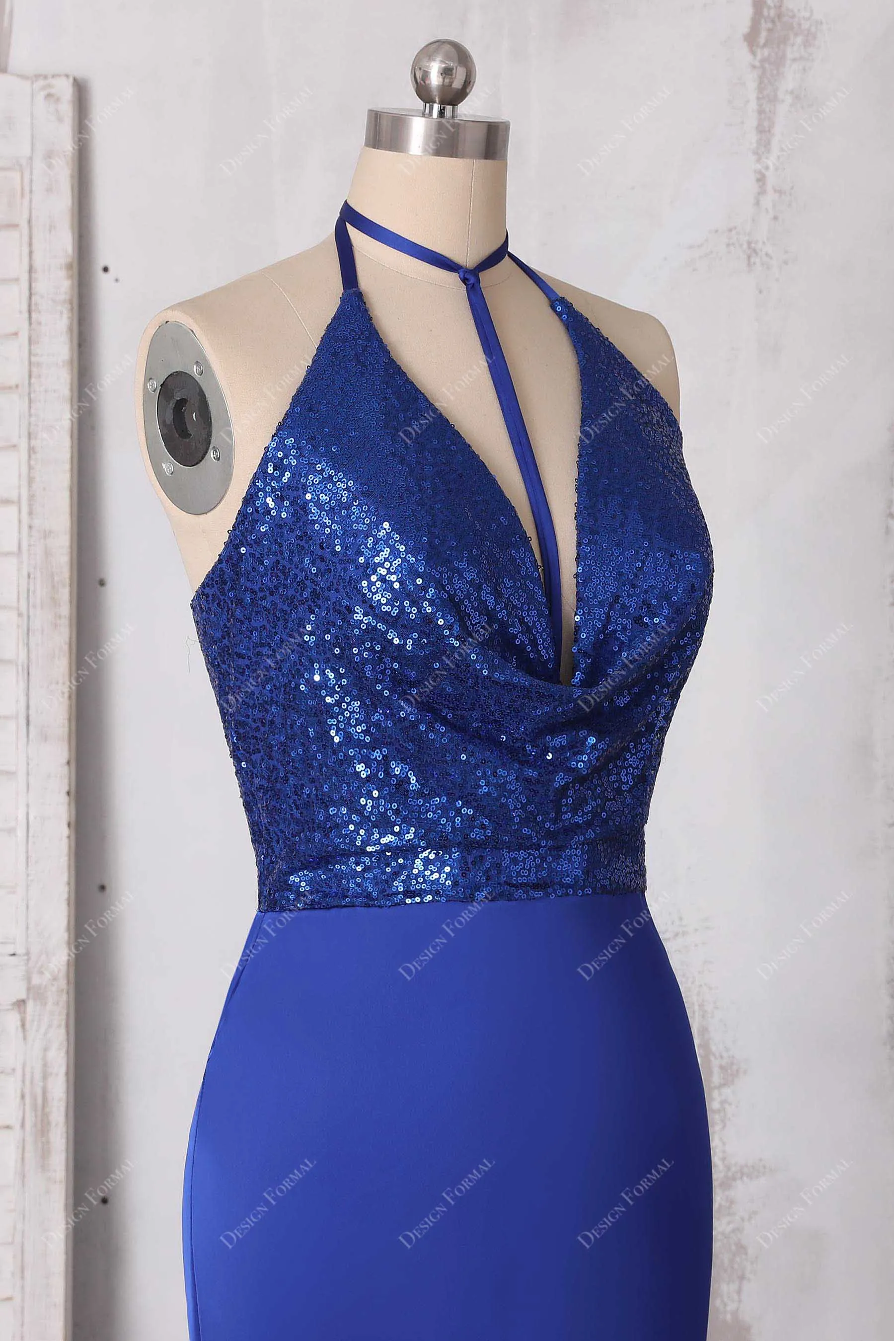 Royal Blue Sequin Satin Halter Cowl Neck Modern Unique Mermaid Dress