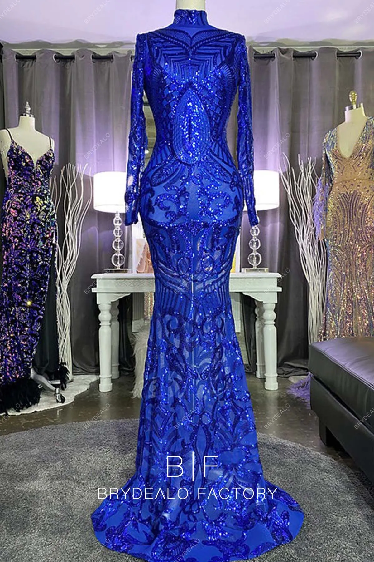 Royal Blue Sequin Turtle Neck Sheer Sleeve Fit and Flare Prom Dress